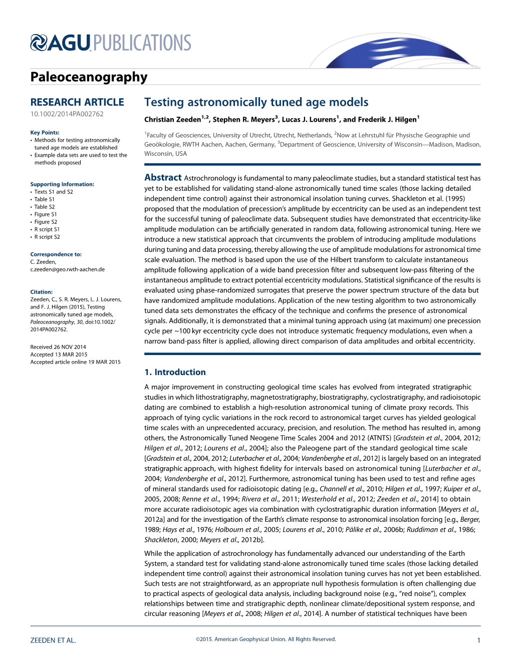 Testing Astronomically Tuned Age Models 10.1002/2014PA002762 Christian Zeeden1,2, Stephen R