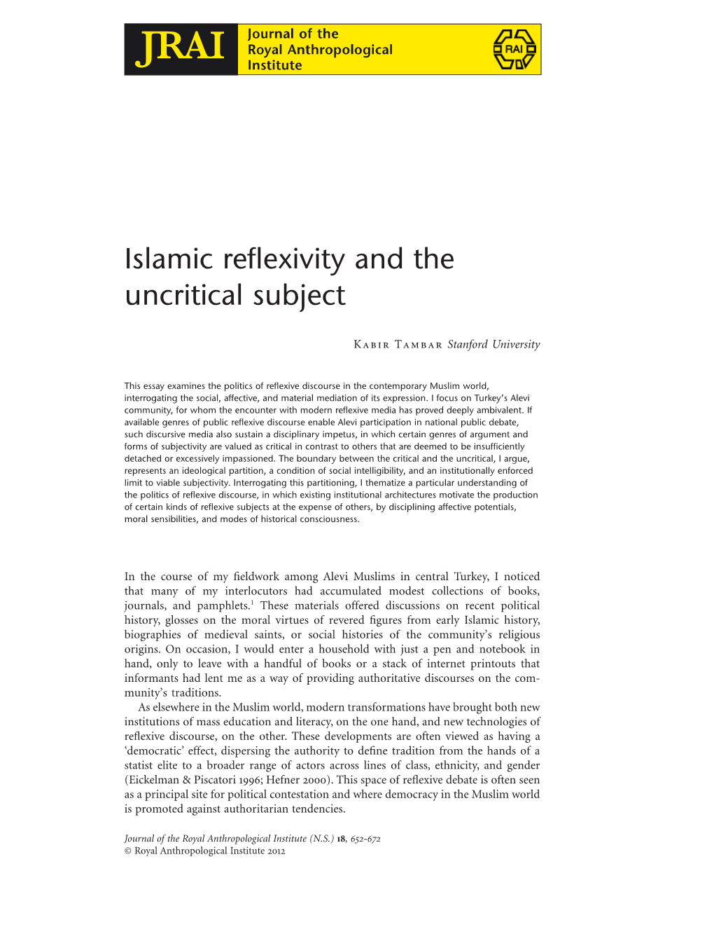 Islamic Reflexivity and the Uncritical Subject 653