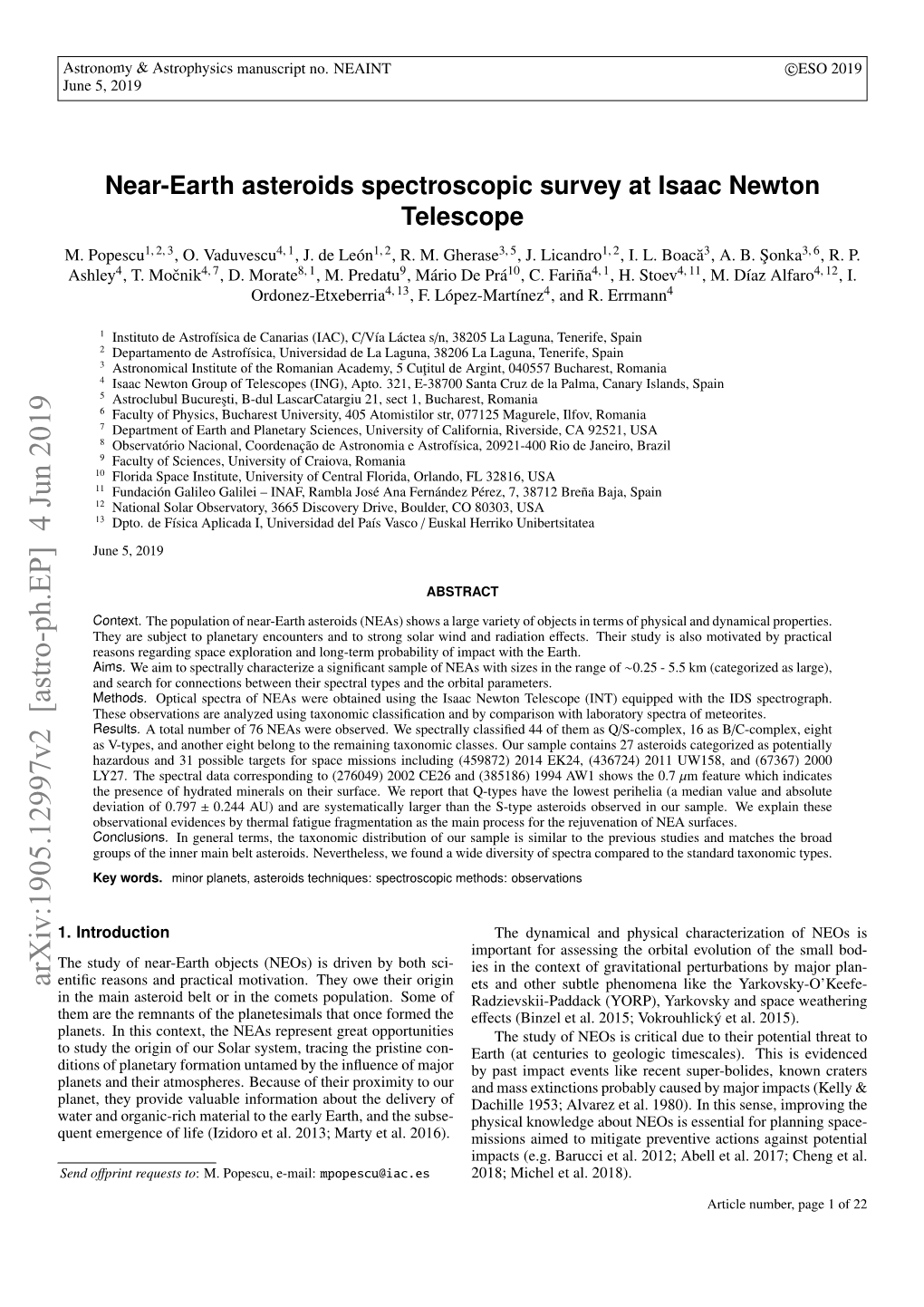 Near-Earth Asteroids Spectroscopic Survey at Isaac Newton Telescope M