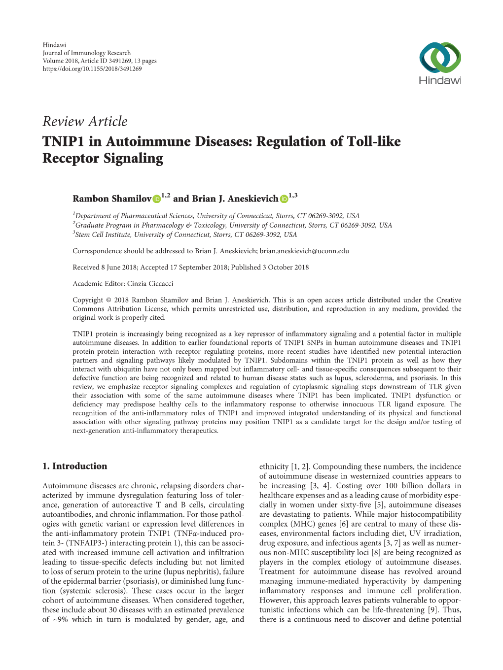 Review Article TNIP1 in Autoimmune Diseases: Regulation of Toll-Like Receptor Signaling