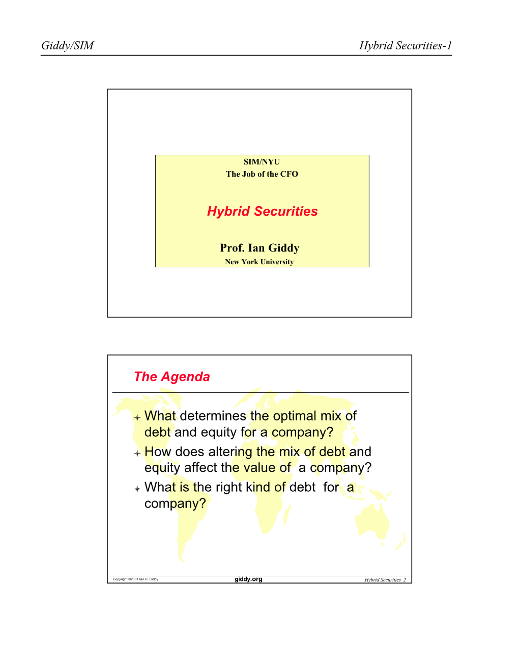 Hybrid Securities the Agenda * What Determines the Optimal Mix of Debt and Equity for a Company? * How Does Altering the Mix Of