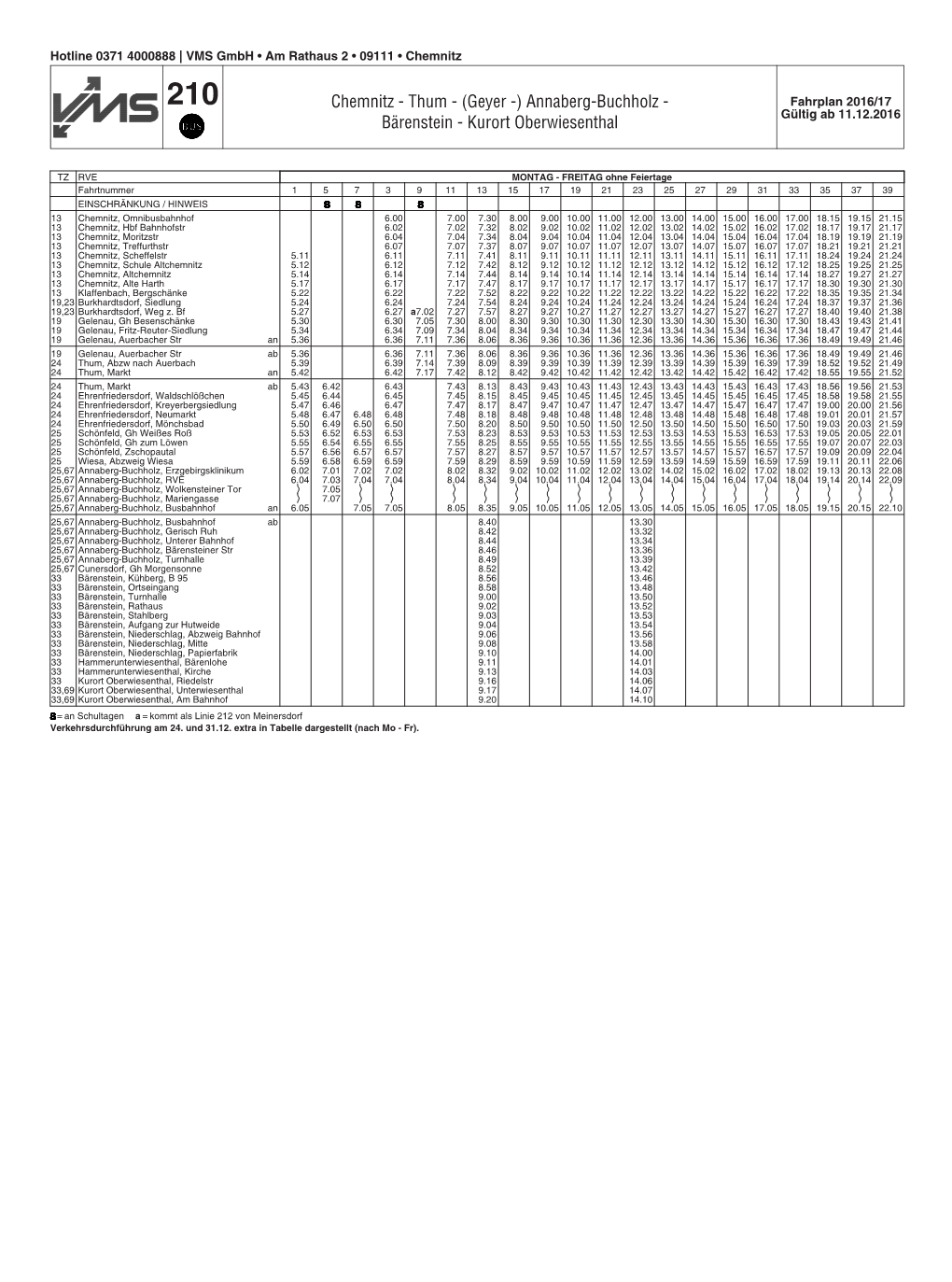 210 Chemnitz - Thum - (Geyer -) Annaberg-Buchholz - Fahrplan 2016/17 Bärenstein - Kurort Oberwiesenthal Gültig Ab 11.12.2016