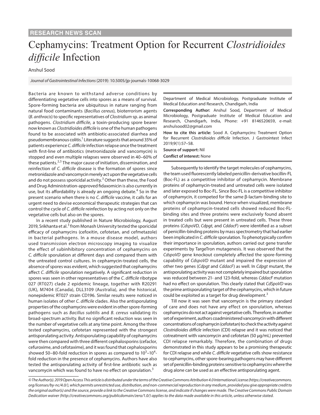 Cephamycins: Treatment Option for Recurrent Clostridioides Difficile Infection Anshul Sood