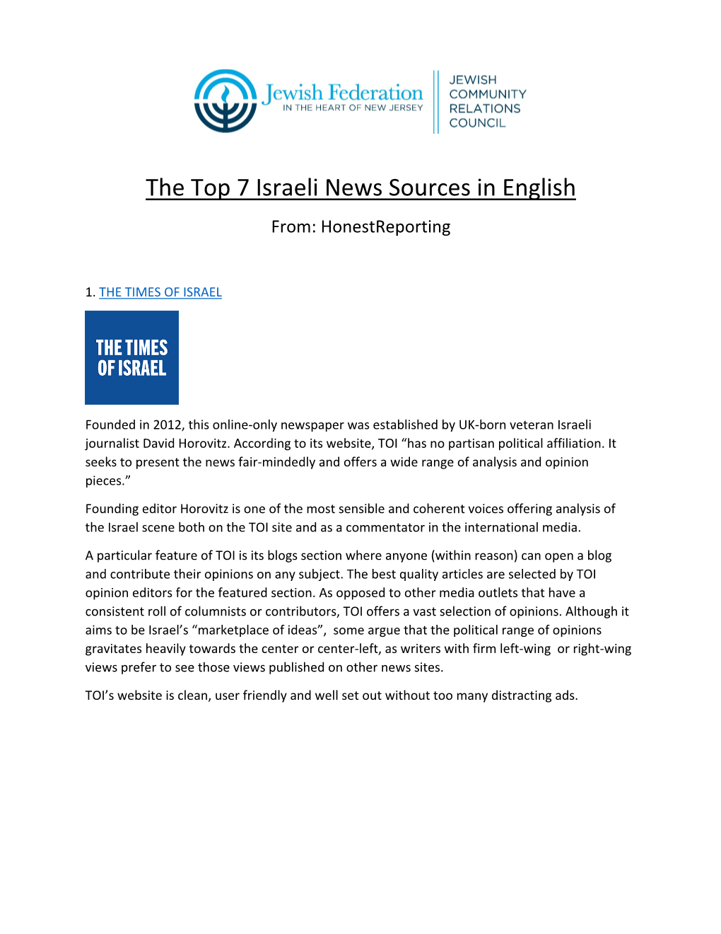 The Top 7 Israeli News Sources in English From: Honestreporting