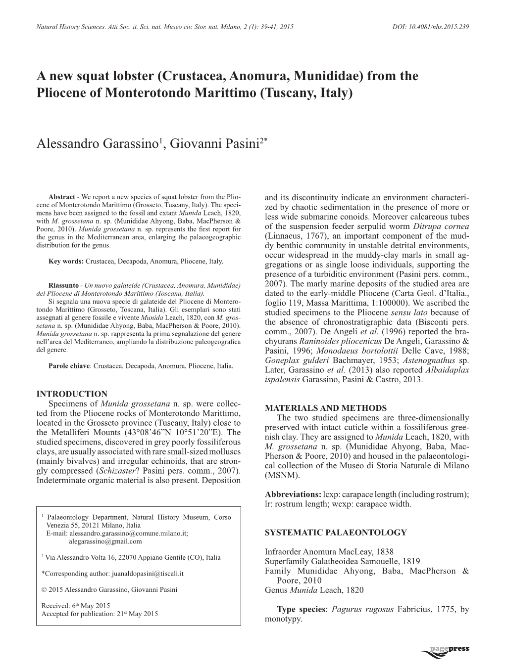 A New Squat Lobster (Crustacea, Anomura, Munididae) from the Pliocene of Monterotondo Marittimo (Tuscany, Italy)