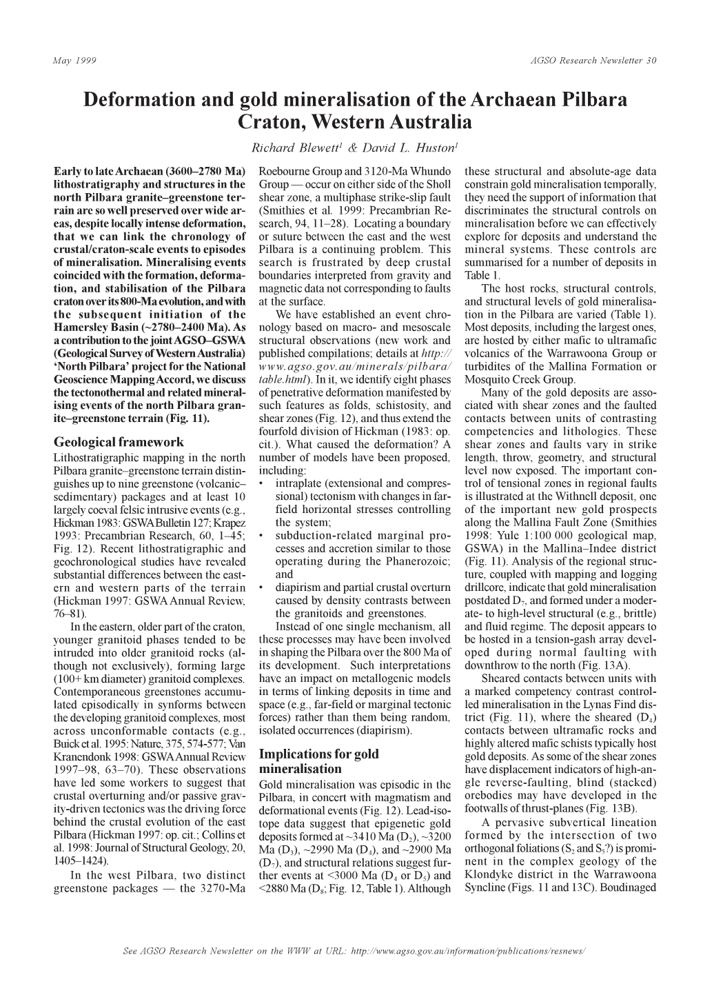 Deformation and Gold Mineralisation of the Archaean Pilbara Craton, Western Australia Richard Blewett1 & David L