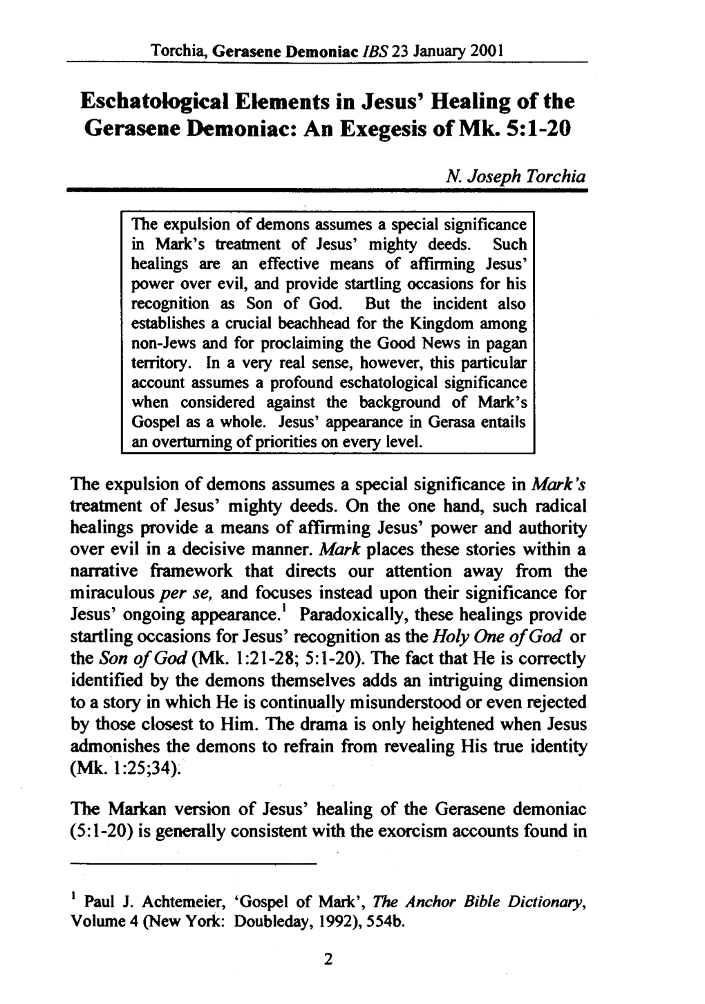 Eschatological Elements in Jesus' Healing of the Gerasene Demoniac: an Exegesis of Mk