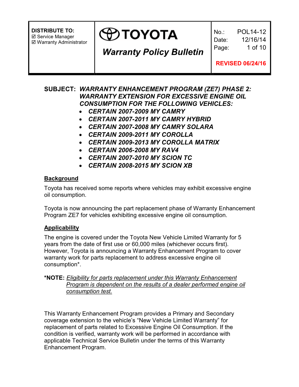 Warranty Policy Bulletin