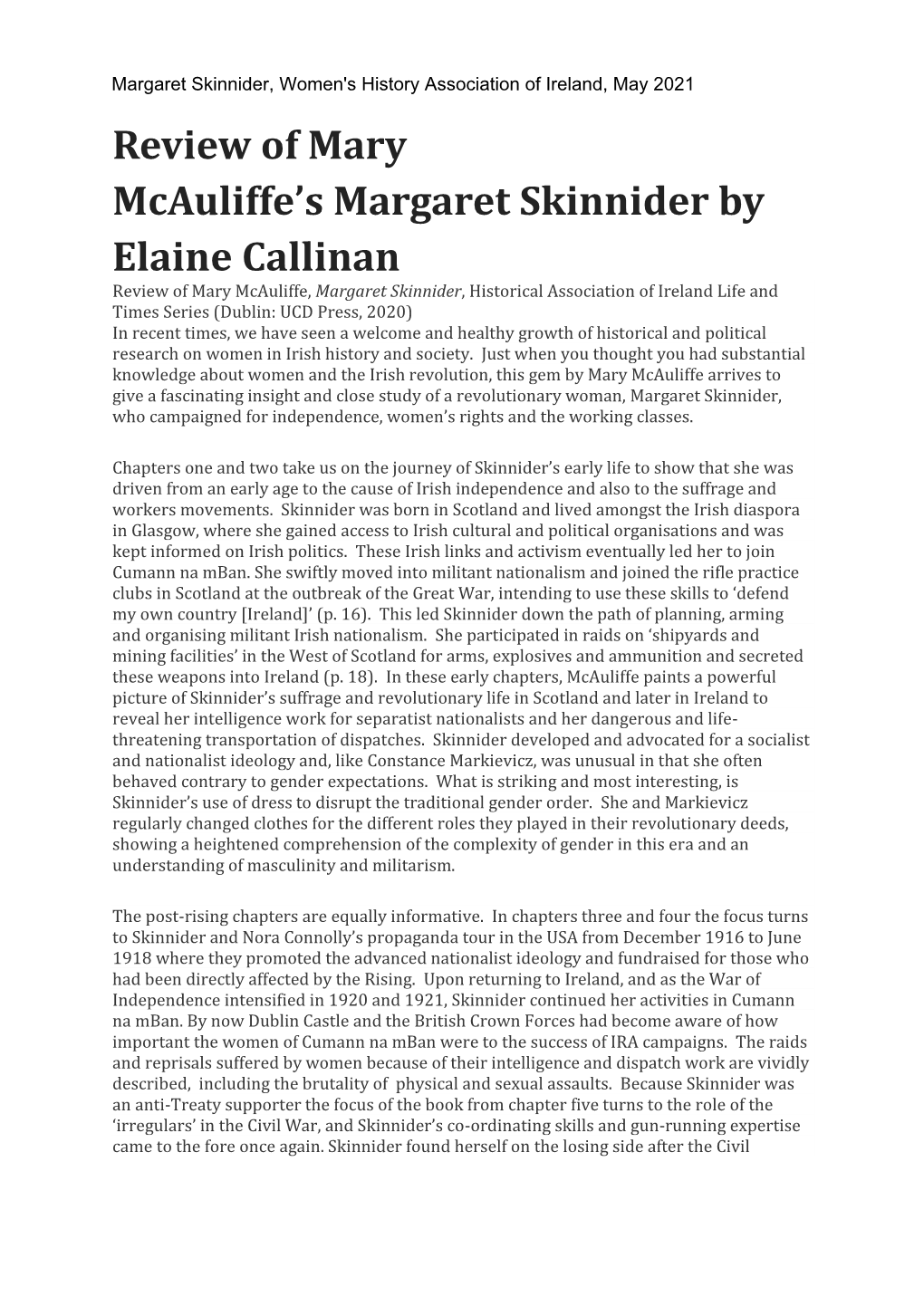 Review of Mary Mcauliffe's Margaret Skinnider by Elaine Callinan