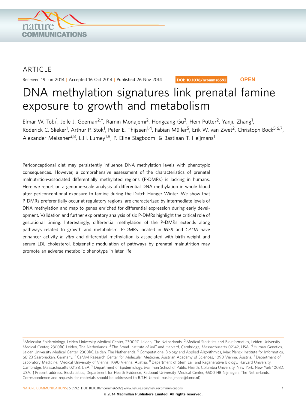 DNA Methylation Signatures Link Prenatal Famine Exposure to Growth and Metabolism