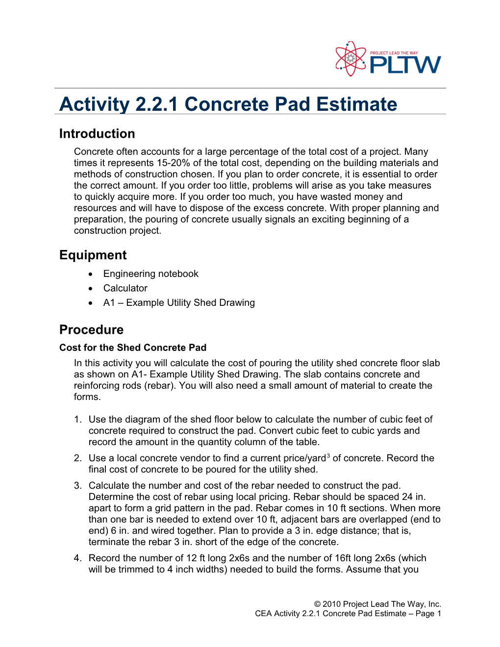 Activity 2.2.1 Concrete Pad Estimate