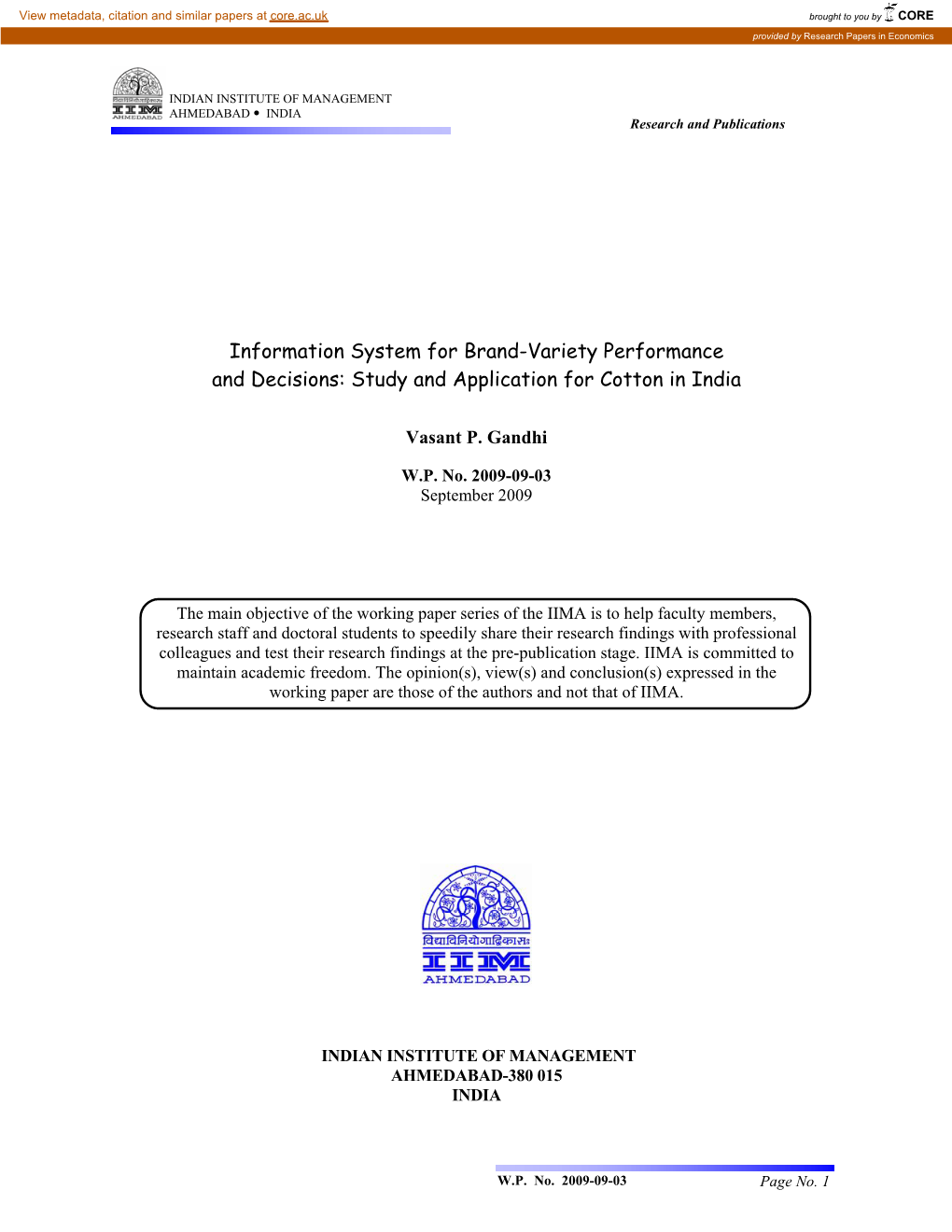 Information System for Brand-Variety Performance and Decisions: Study and Application for Cotton in India