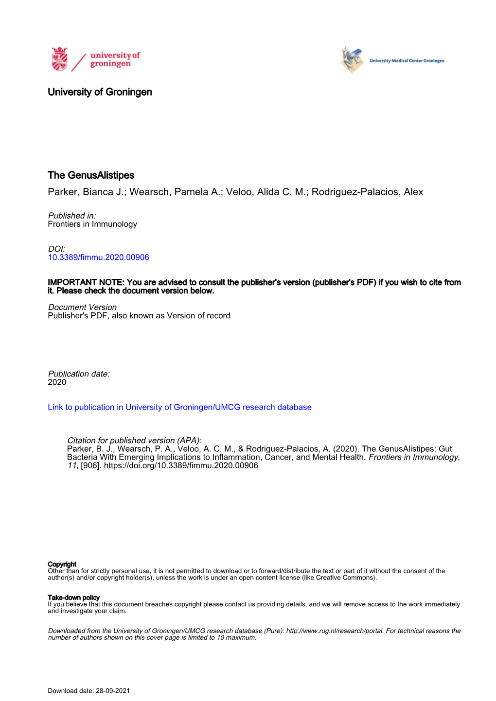 The Genus Alistipes: Gut Bacteria with Emerging Implications to Inﬂammation, Cancer, and Mental Health