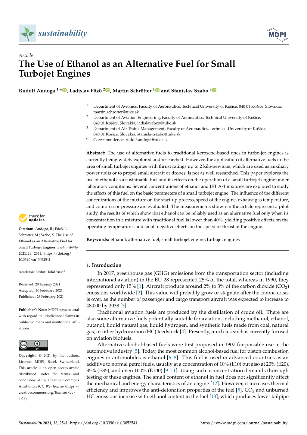 The Use of Ethanol As an Alternative Fuel for Small Turbojet Engines