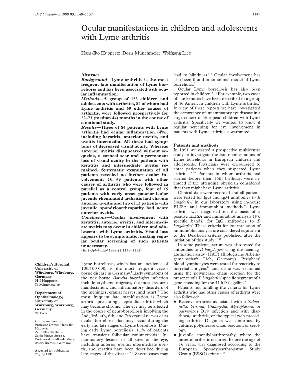 Ocular Manifestations in Children and Adolescents with Lyme Arthritis