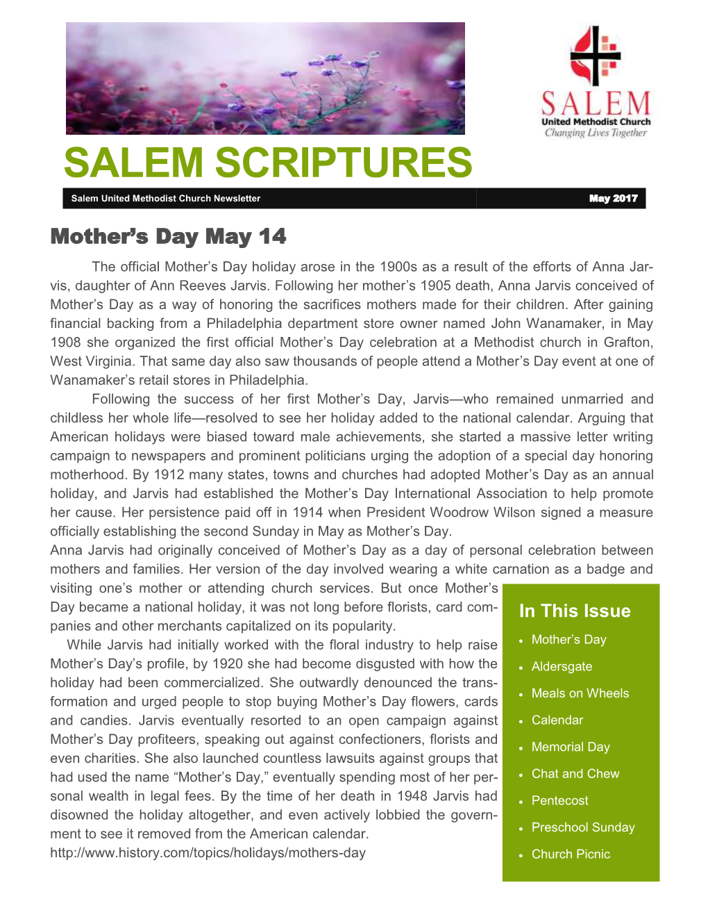 SALEM SCRIPTURES Salem United Methodist Church Newsletter May 2017