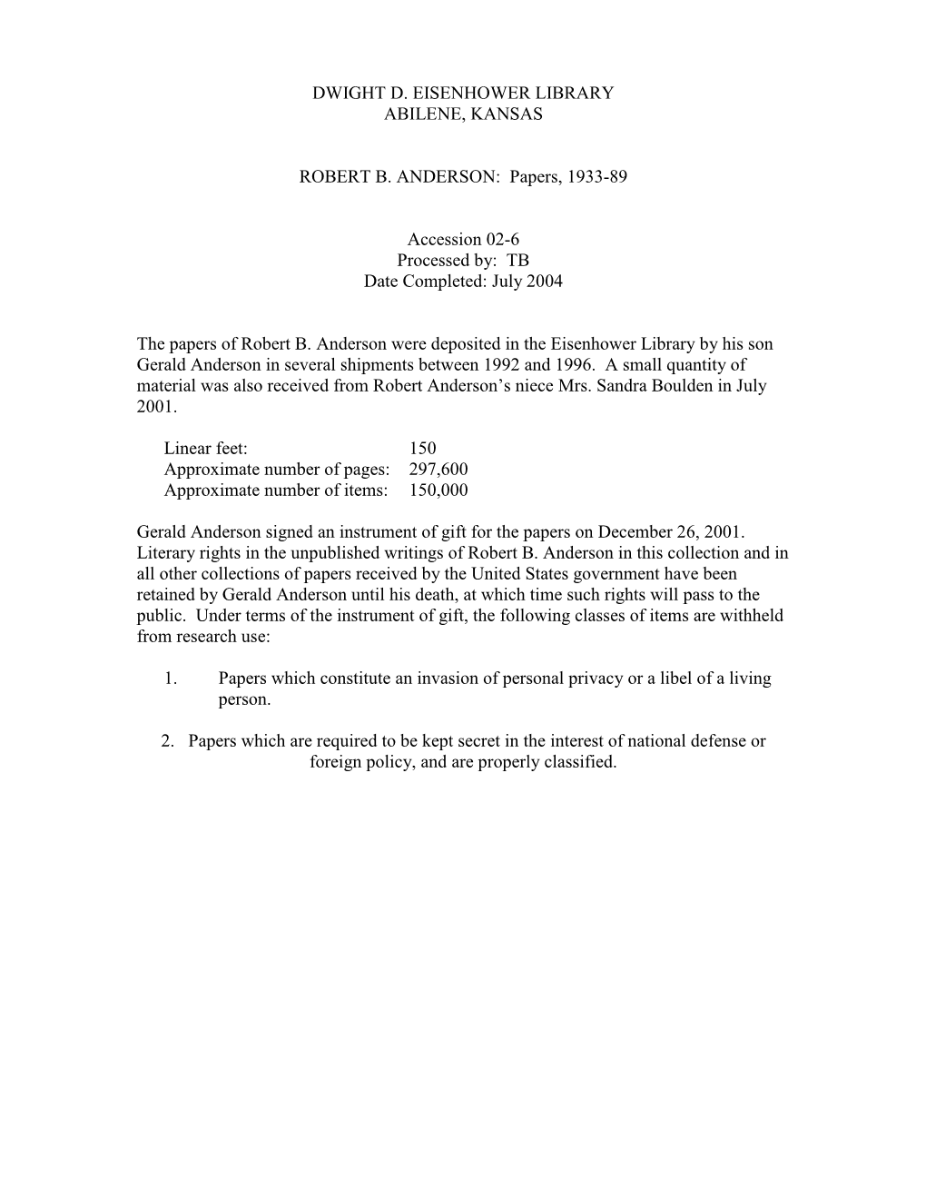 Anderson, Robert B., the Balance of Payments Problem, 1960