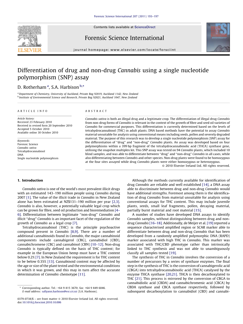 Differentiation of Drug and Non-Drug Cannabis Using a Single Nucleotide Polymorphism (SNP) Assay