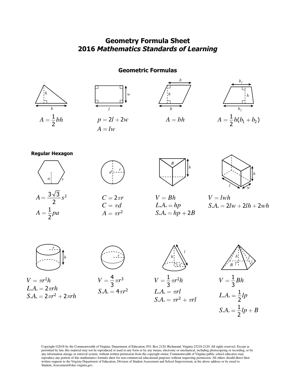 Geometry Formula Sheet 2016 Mathematics Standards of Learning