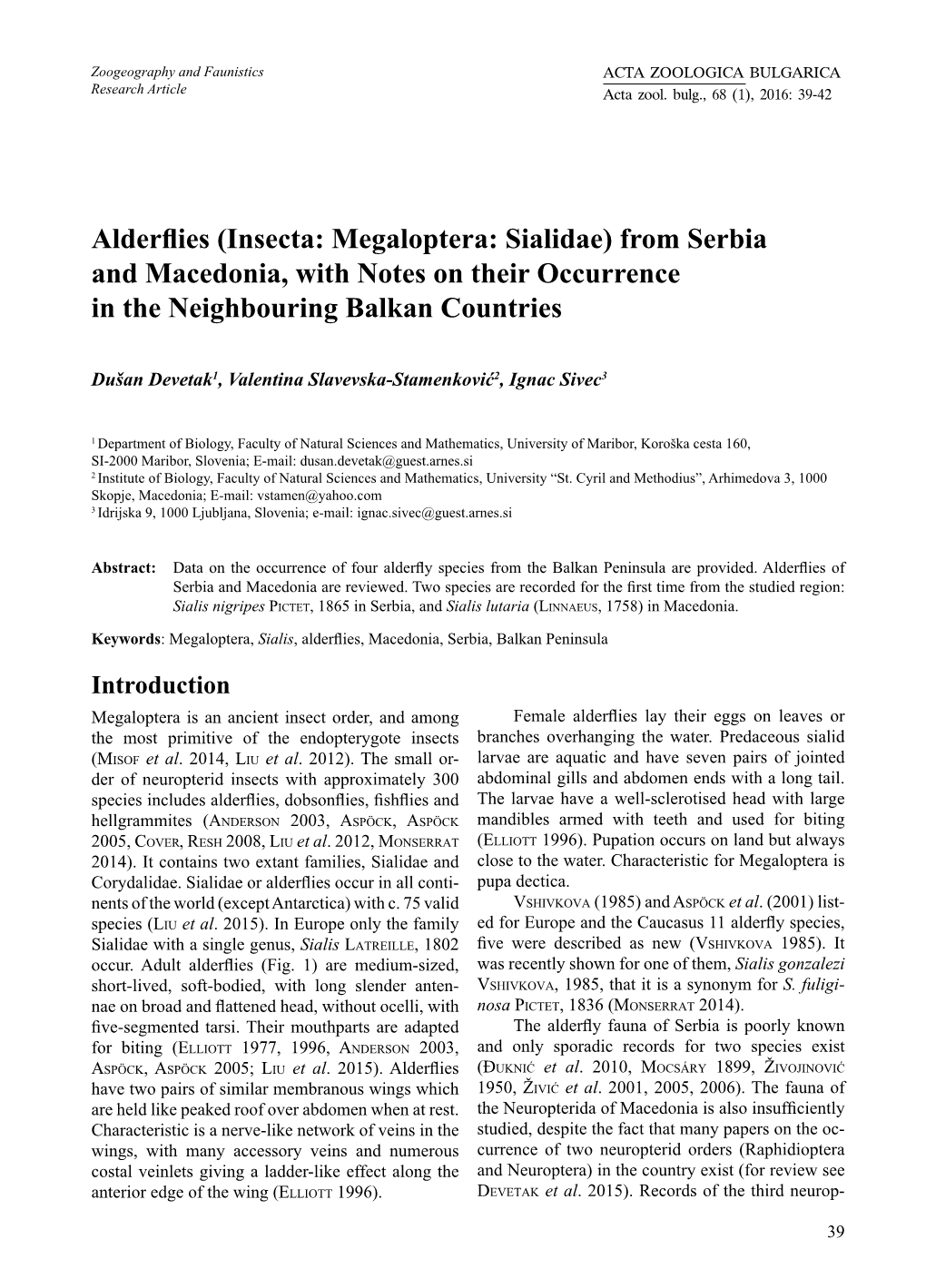 Alderflies (Insecta: Megaloptera: Sialidae) from Serbia and Macedonia, with Notes on Their Occurrence in the Neighbouring Balkan Countries