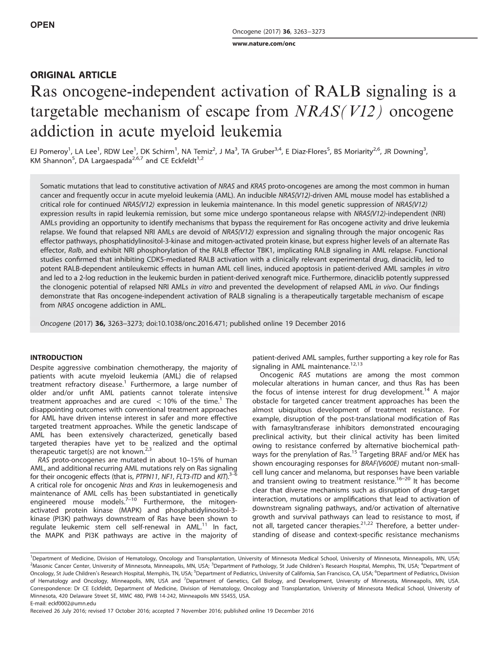Ras Oncogene-Independent Activation of RALB Signaling Is a Targetable Mechanism of Escape from NRAS(V12) Oncogene Addiction in Acute Myeloid Leukemia