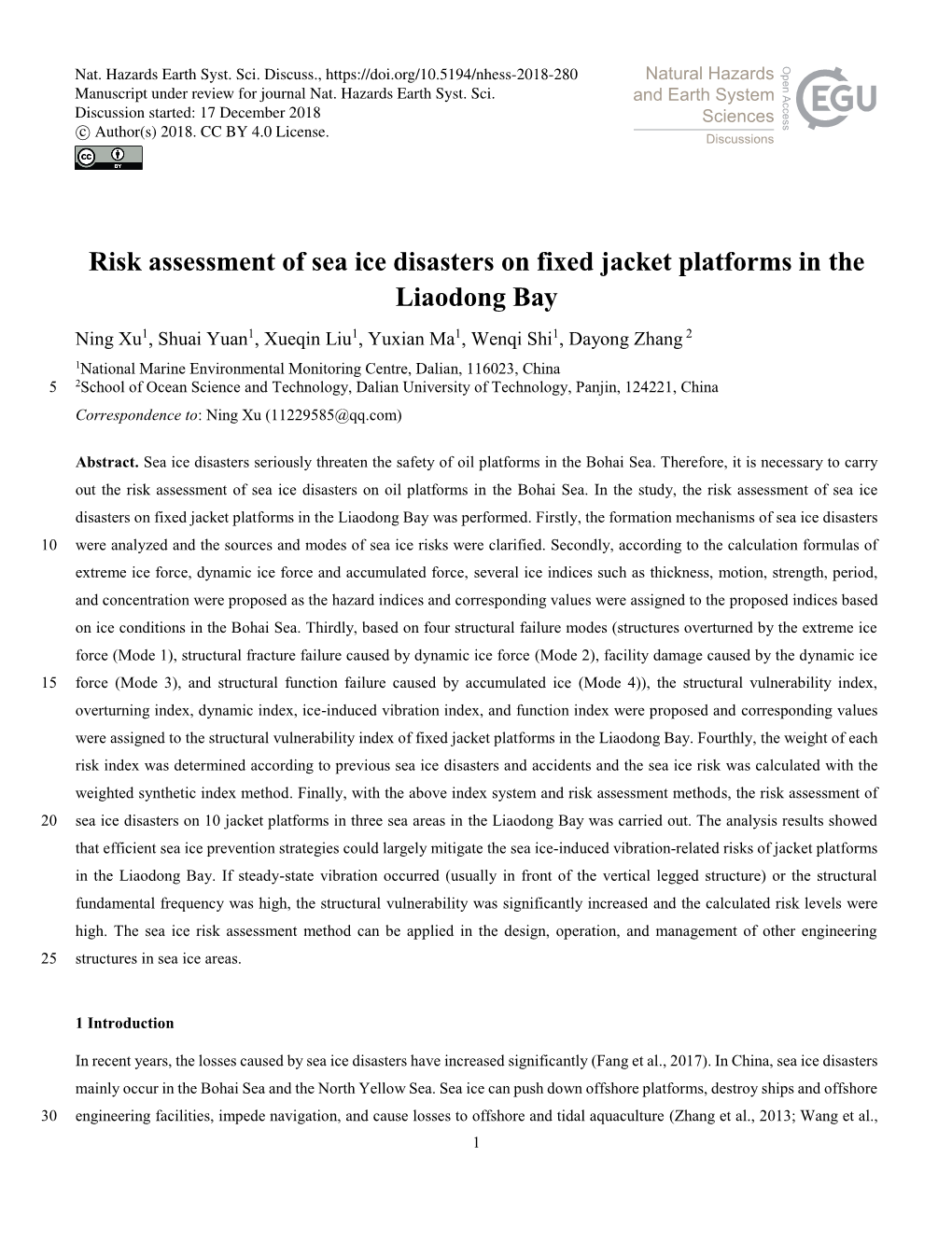 Risk Assessment of Sea Ice Disasters on Fixed Jacket Platforms in The