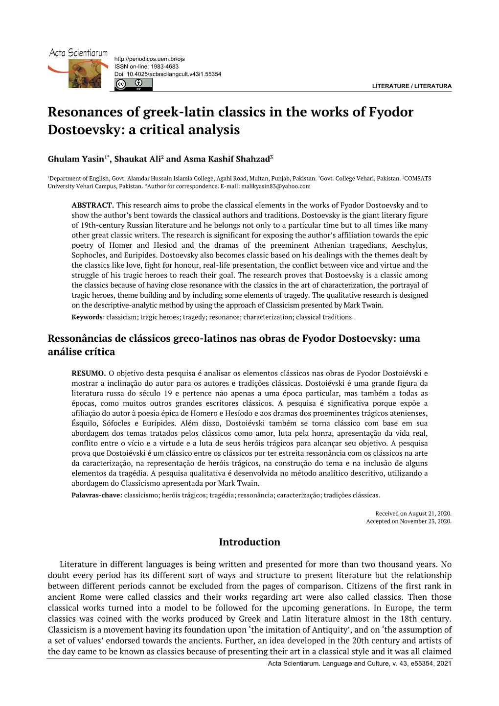 Resonances of Greek-Latin Classics in the Works of Fyodor Dostoevsky: a Critical Analysis