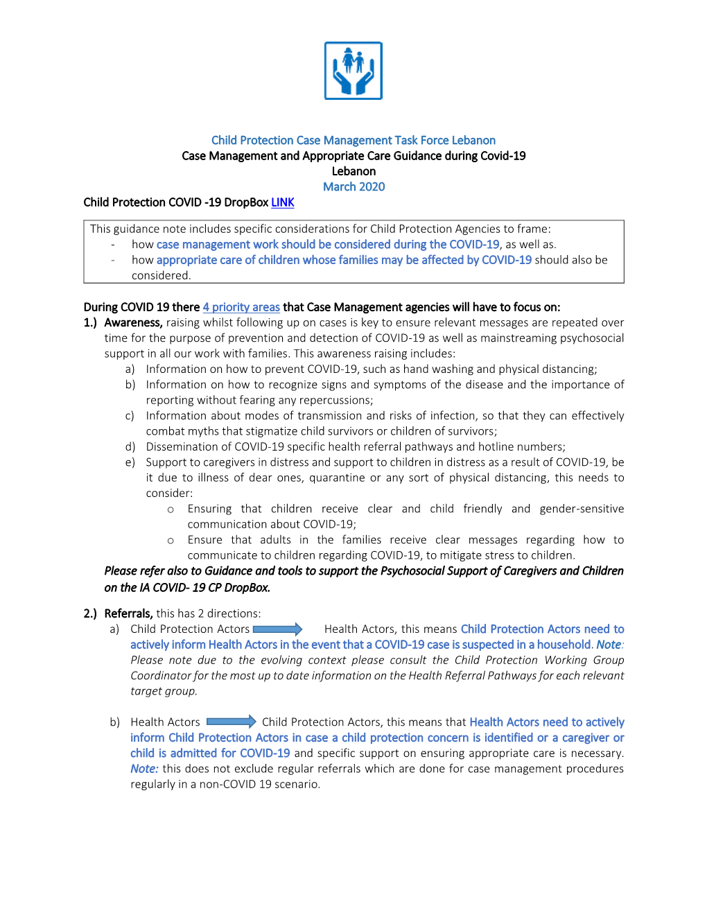 Case Management and Appropriate Care Guidance During Covid-19 Lebanon March 2020 Child Protection COVID -19 Dropbox LINK