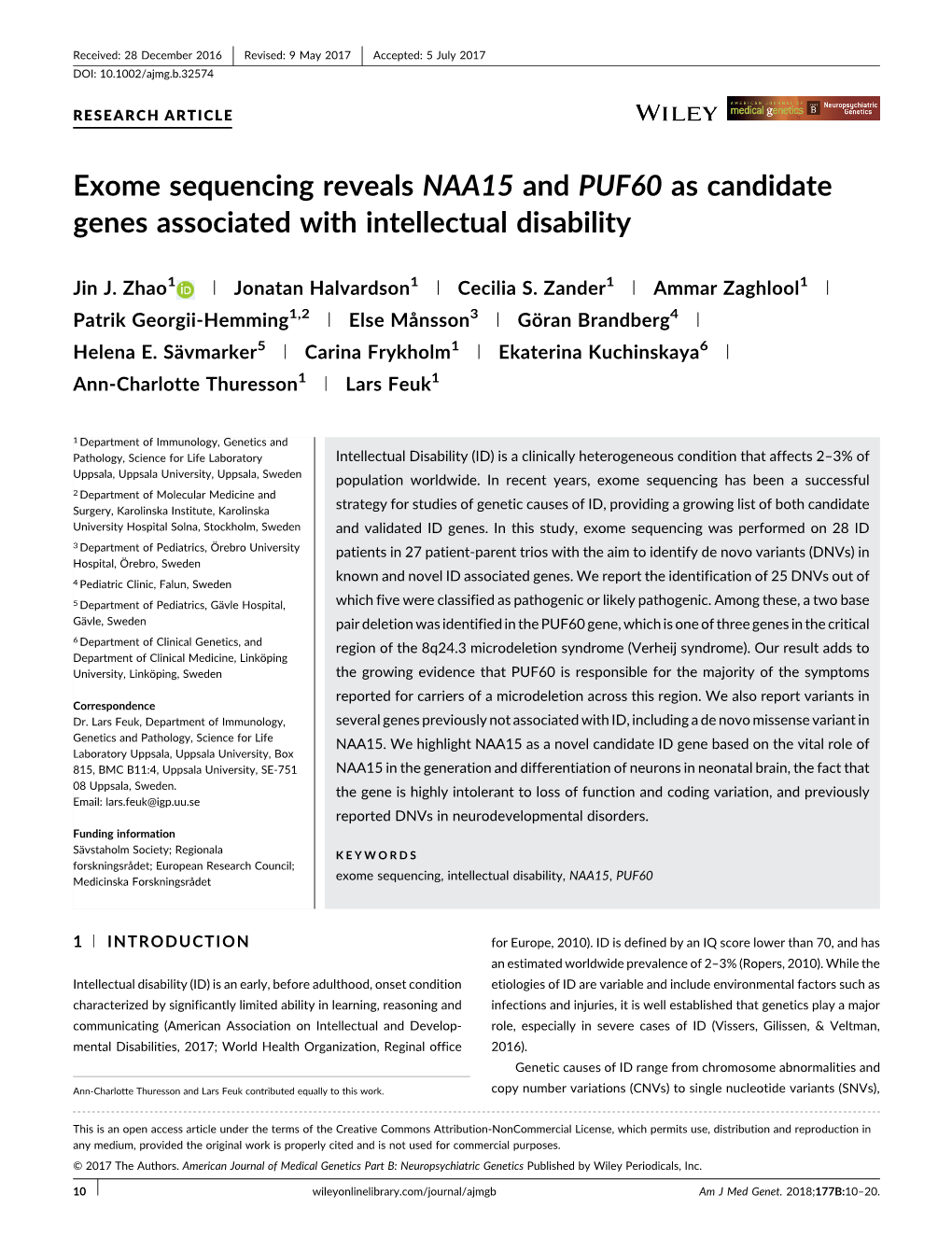 Exome Sequencing Reveals NAA15 and PUF60 As Candidate Genes Associated with Intellectual Disability