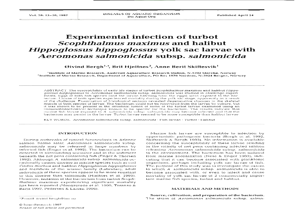 Scophthalmus Maxim Us and Halibut Hippoglossus Hippoglossus Yolk Sac Larvae with Aeromonas Salmonicida Subsp