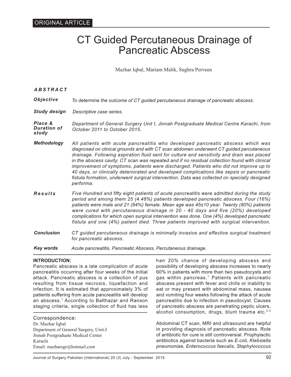 CT Guided Percutaneous Drainage of Pancreatic Abscess