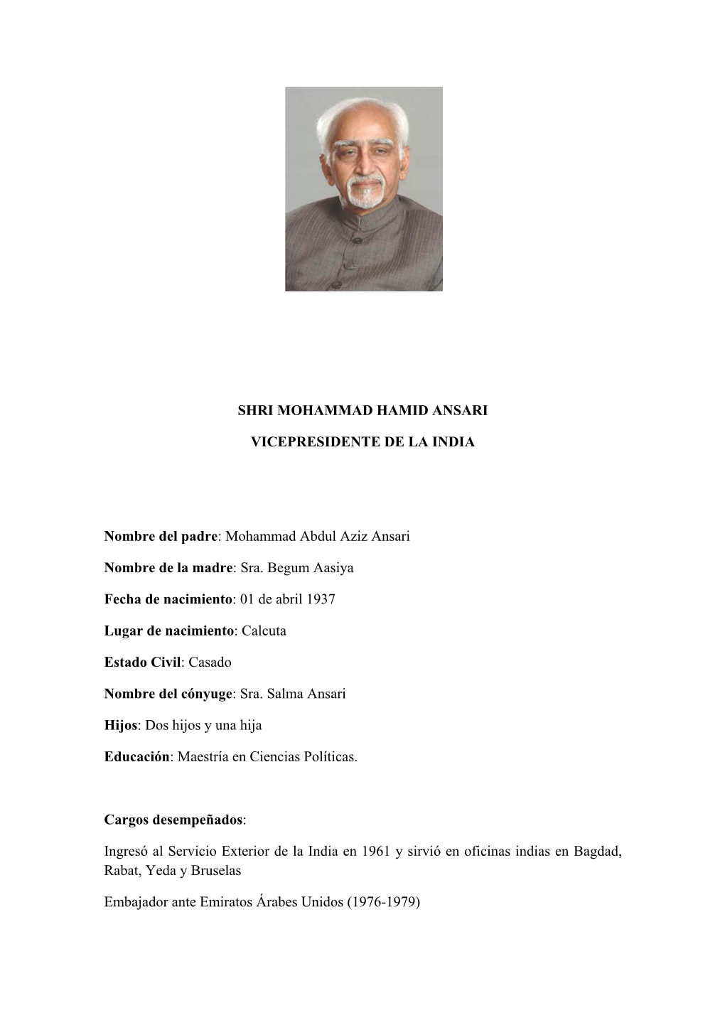 Shri Mohammad Hamid Ansari Vicepresidente De La