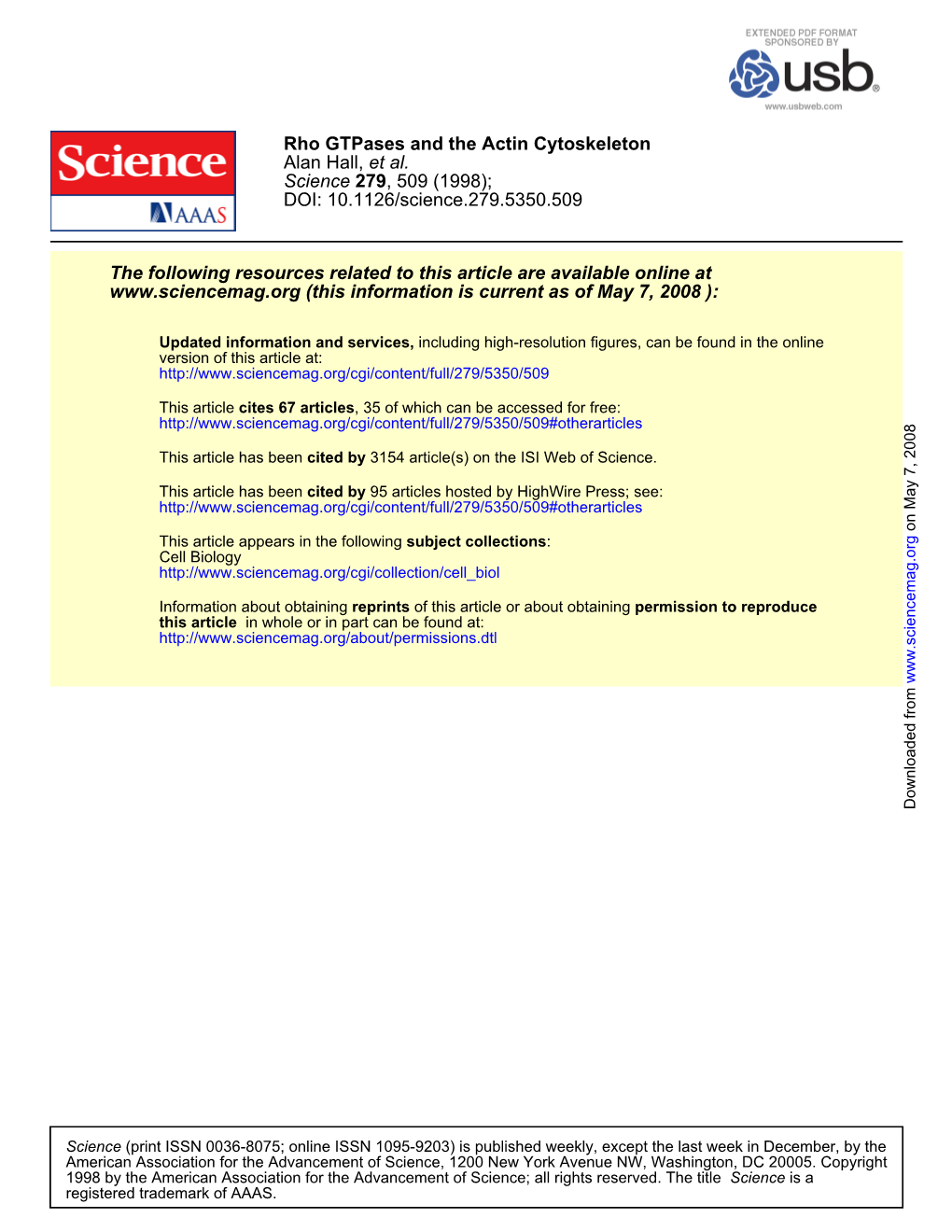 Rho Gtpases and the Actin Cytoskeleton Alan Hall, Et Al