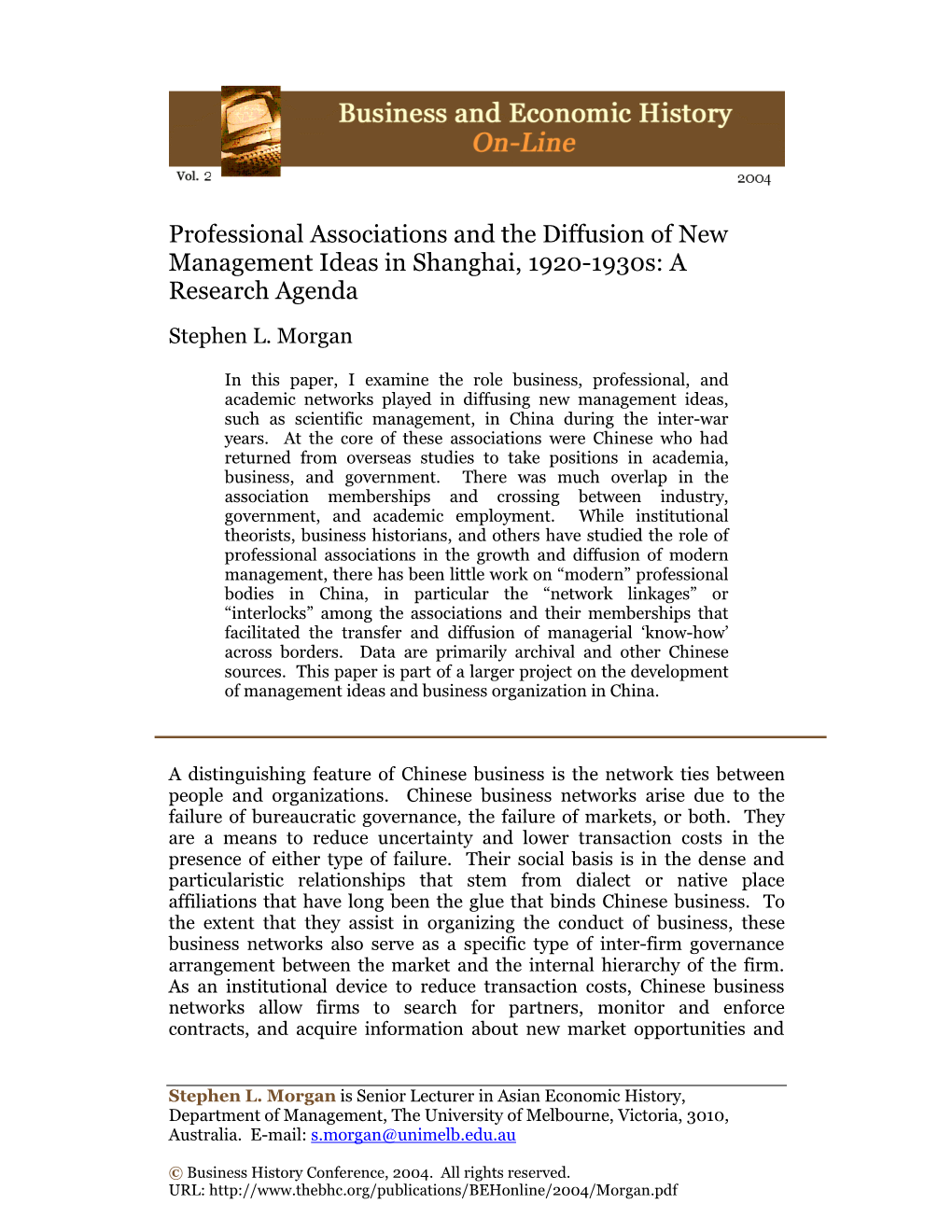 Professional Associations and the Diffusion of New Management Ideas in Shanghai, 1920-1930S: a Research Agenda Stephen L