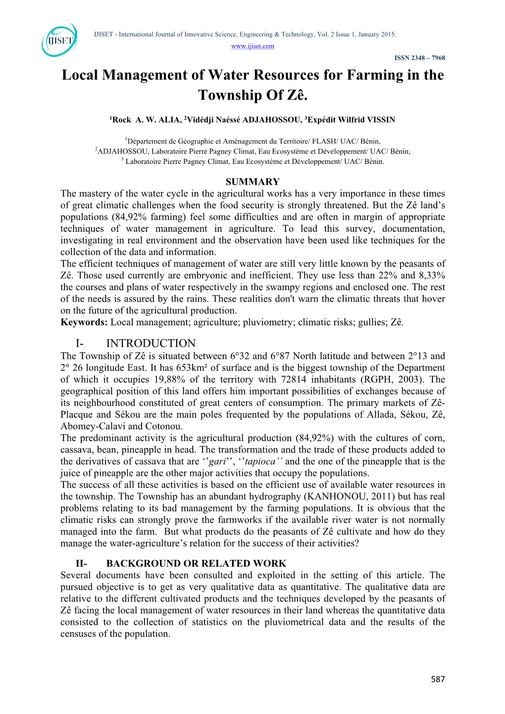 Local Management of Water Resources for Farming in the Township of Zê