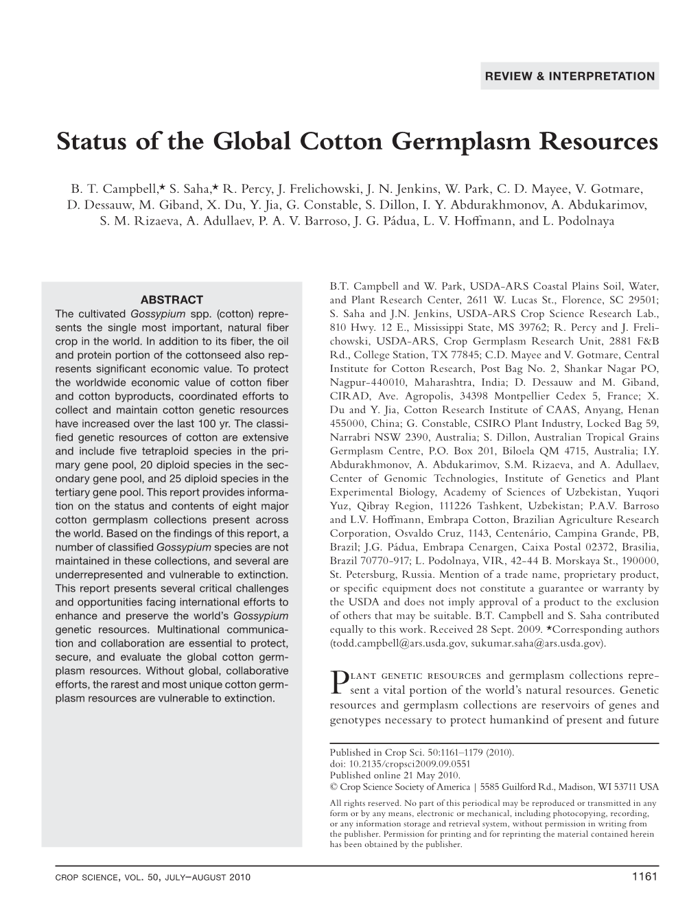 Status of the Global Cotton Germplasm Resources