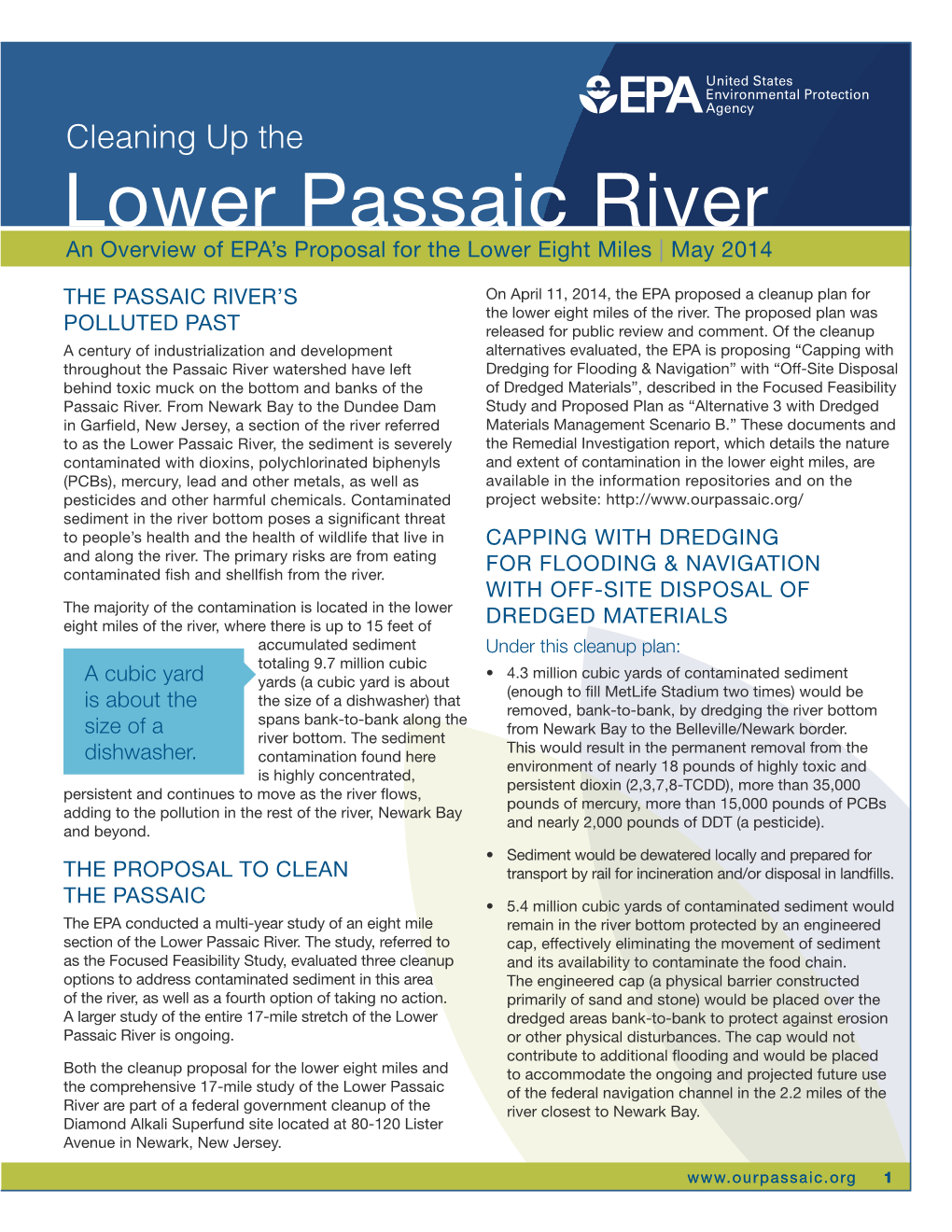 Lower Passaic River an Overview of EPA’S Proposal for the Lower Eight Miles | May 2014