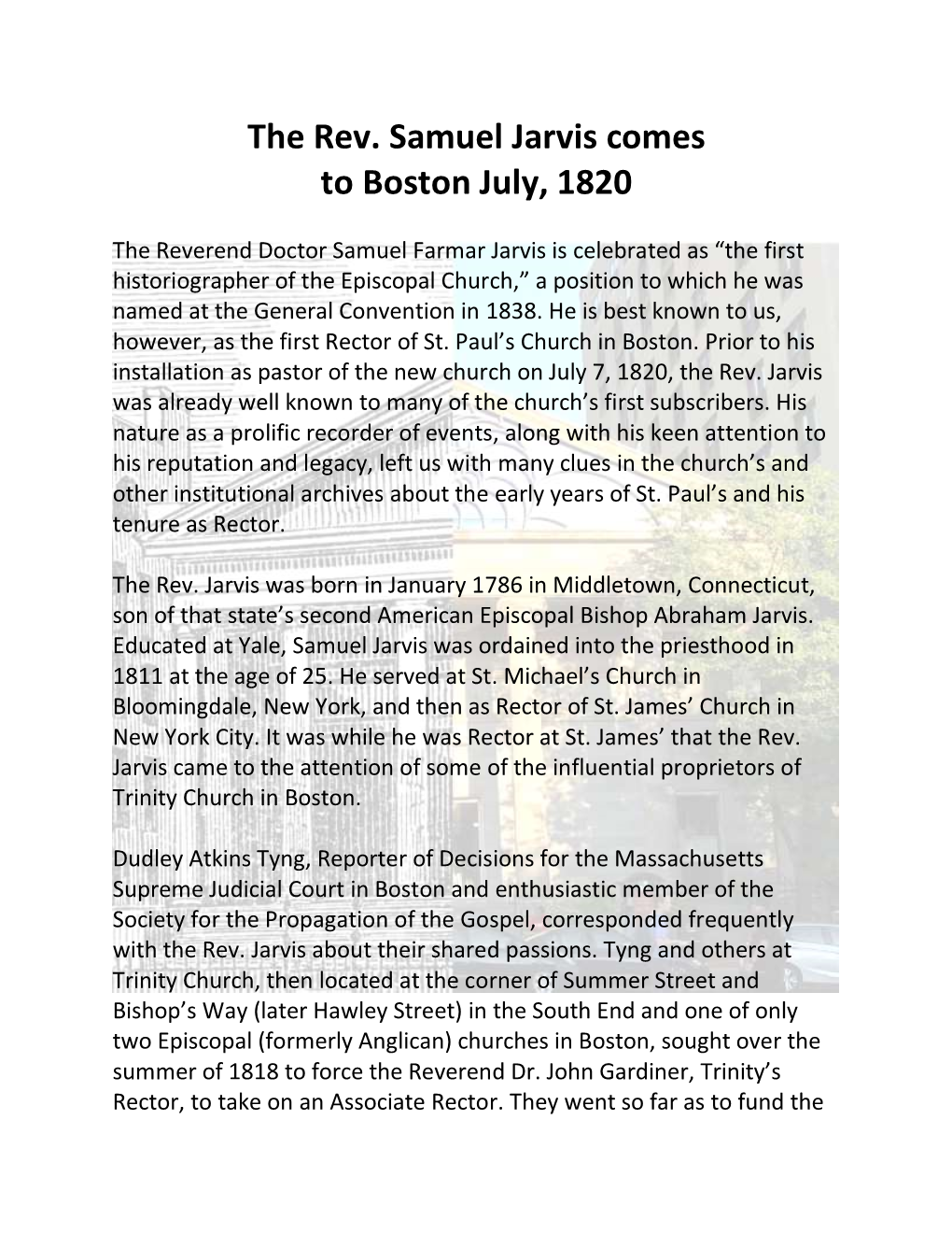 The Rev. Samuel Jarvis Come to Boston