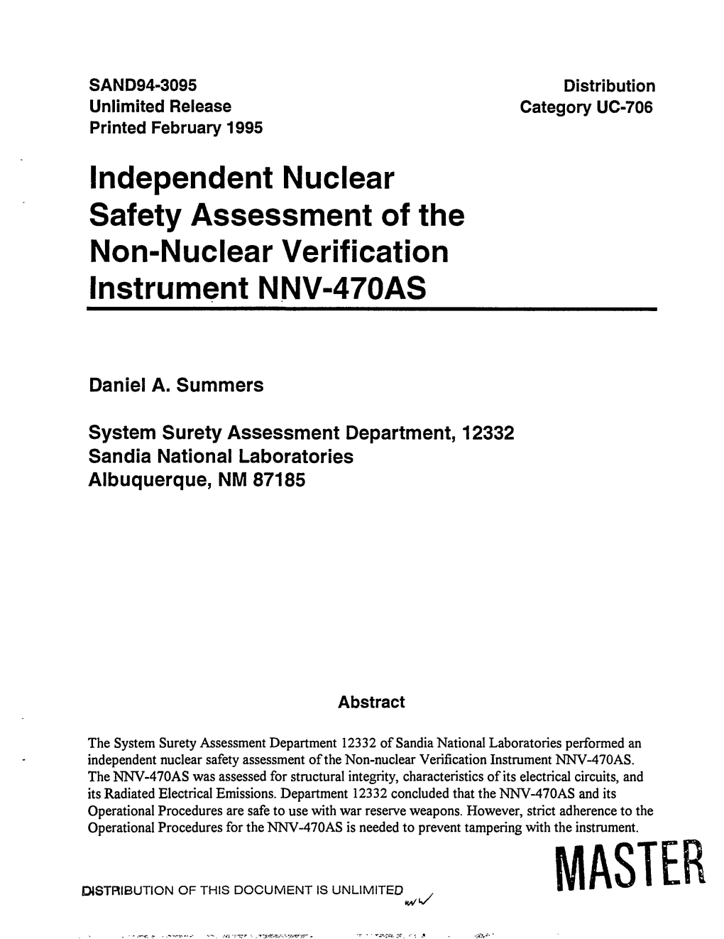 Independent Nuclear Safety Assessment of the Non-Nuclear Verification Instrument NNV-470AS