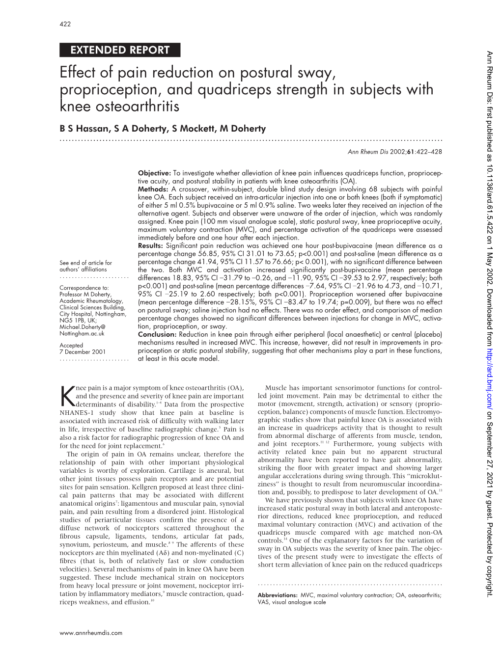 Effect of Pain Reduction on Postural Sway, Proprioception, And