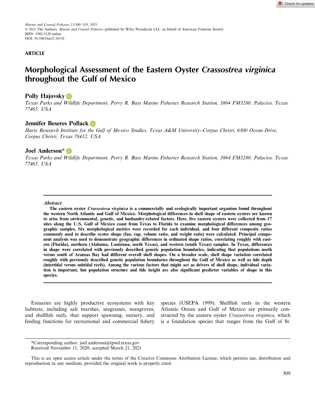Morphological Assessment of the Eastern Oyster Crassostrea Virginica Throughout the Gulf of Mexico