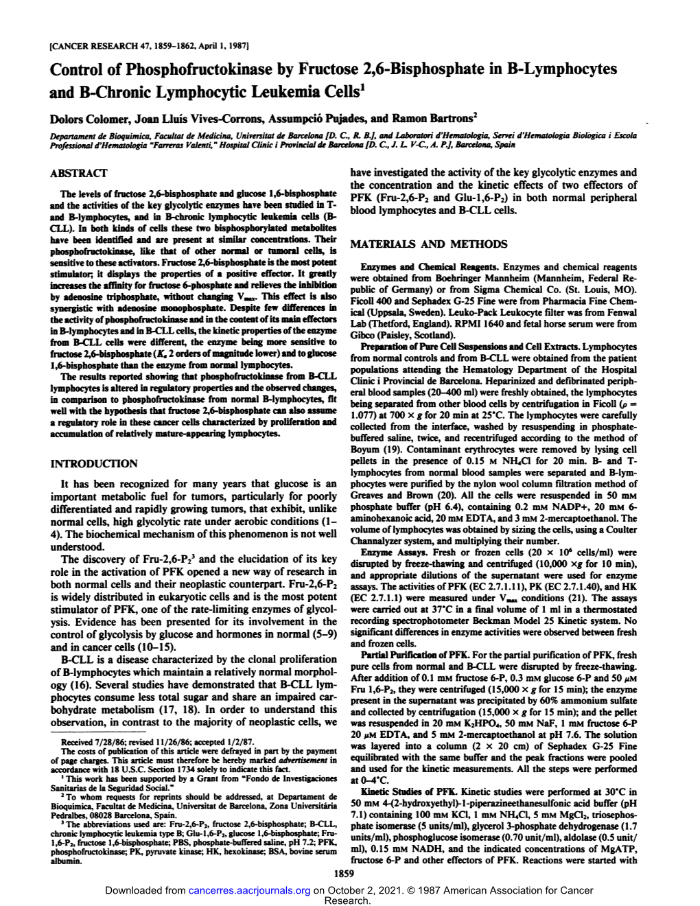 Control of Phosphofructokinase by Fructose 2,6-Bisphosphate in B-Lymphocytes and B-Chronic Lymphocytic Leukemia Cells1