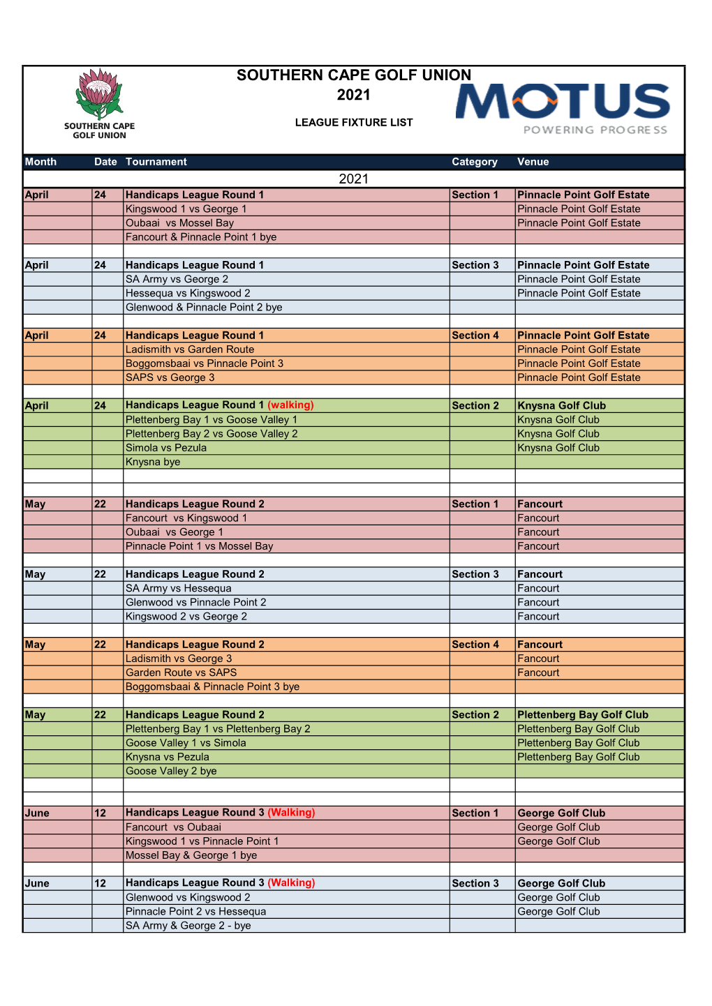 2021 League Fixture List