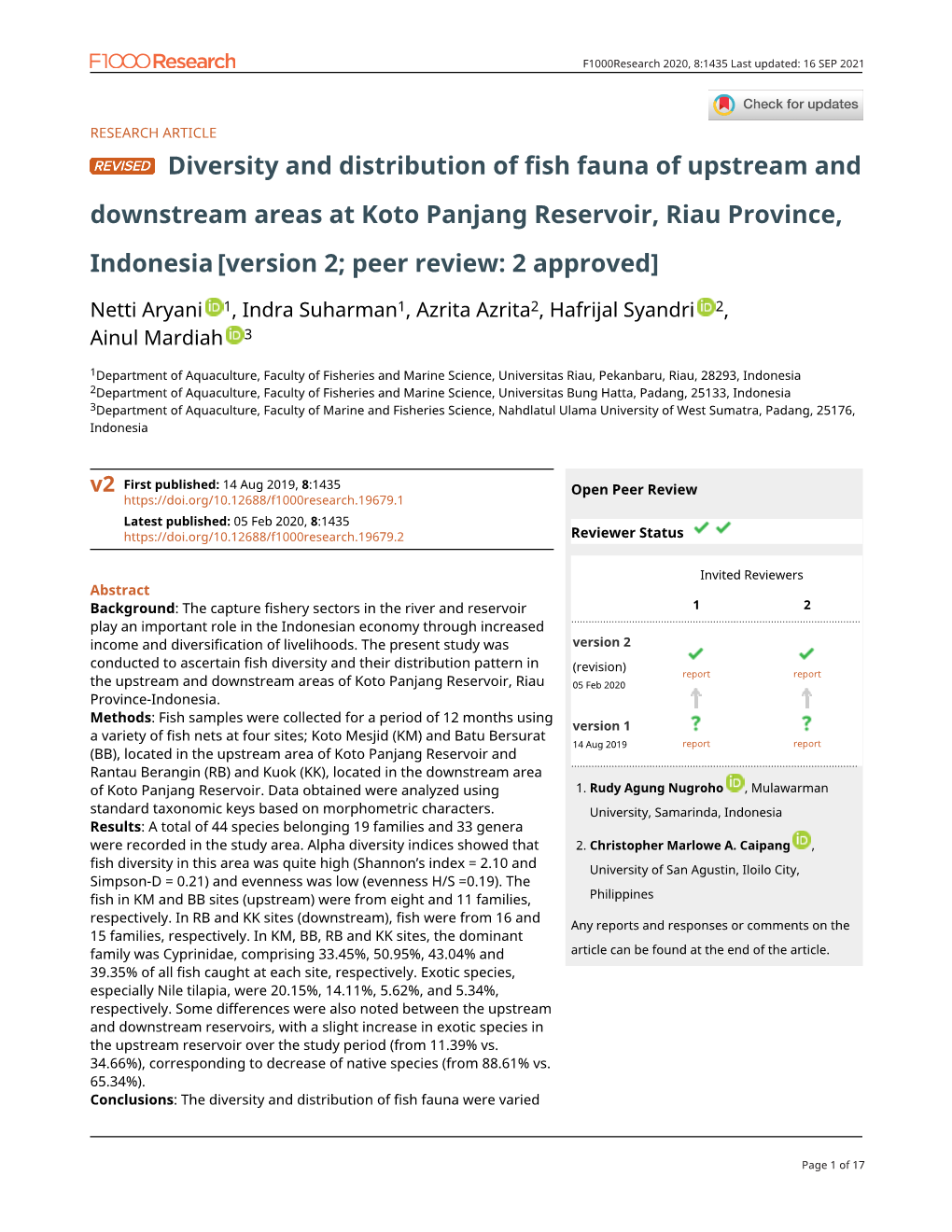 Diversity and Distribution of Fish Fauna of Upstream and Downstream Areas at Koto Panjang Reservoir, Riau Province