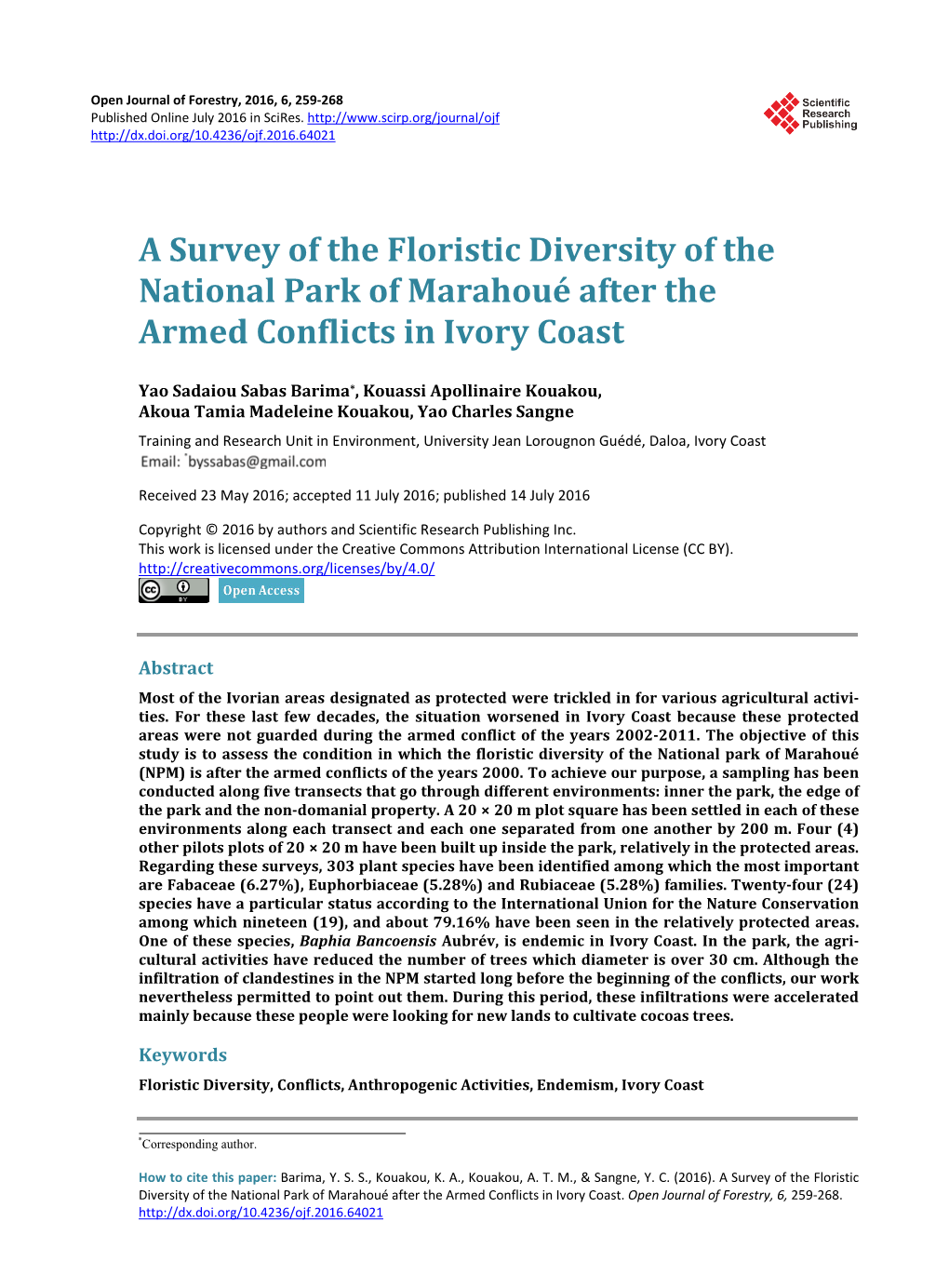 A Survey of the Floristic Diversity of the National Park of Marahoué After the Armed Conflicts in Ivory Coast