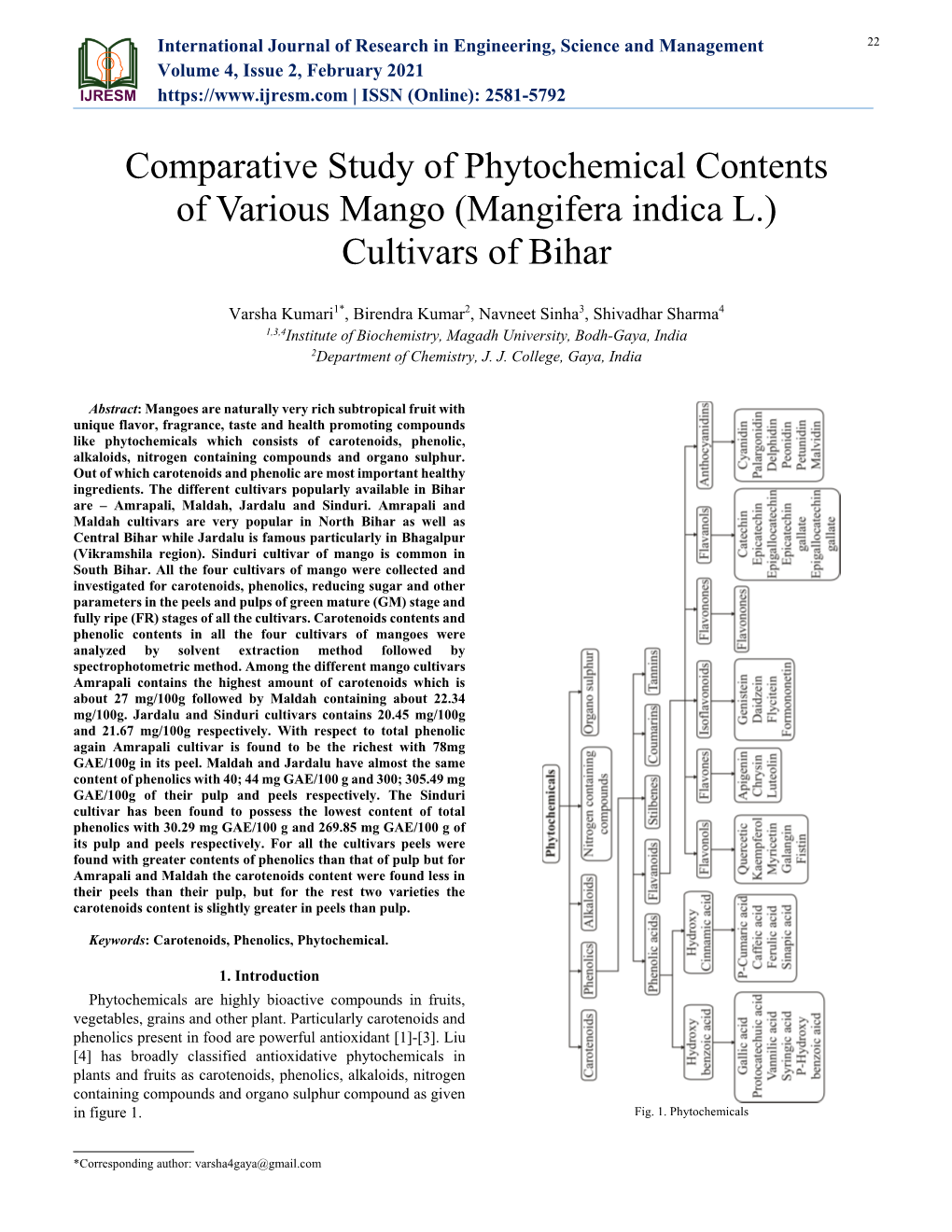 Comparative Study of Phytochemical Contents of Various Mango (Mangifera Indica L.) Cultivars of Bihar