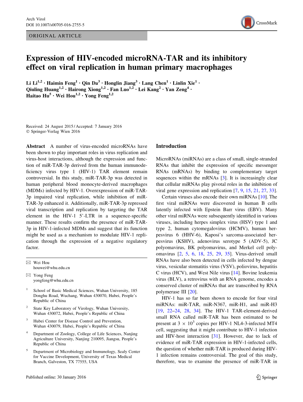 Expression of HIV-Encoded Microrna-TAR and Its Inhibitory Effect on Viral Replication in Human Primary Macrophages