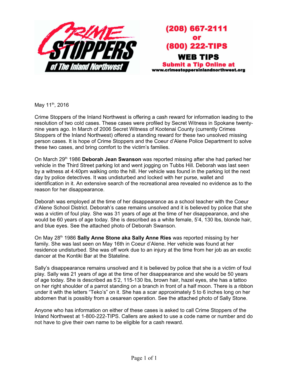 Crime Stoppers of the Inland Northwest Is Offering a Cash Reward for Information Leading