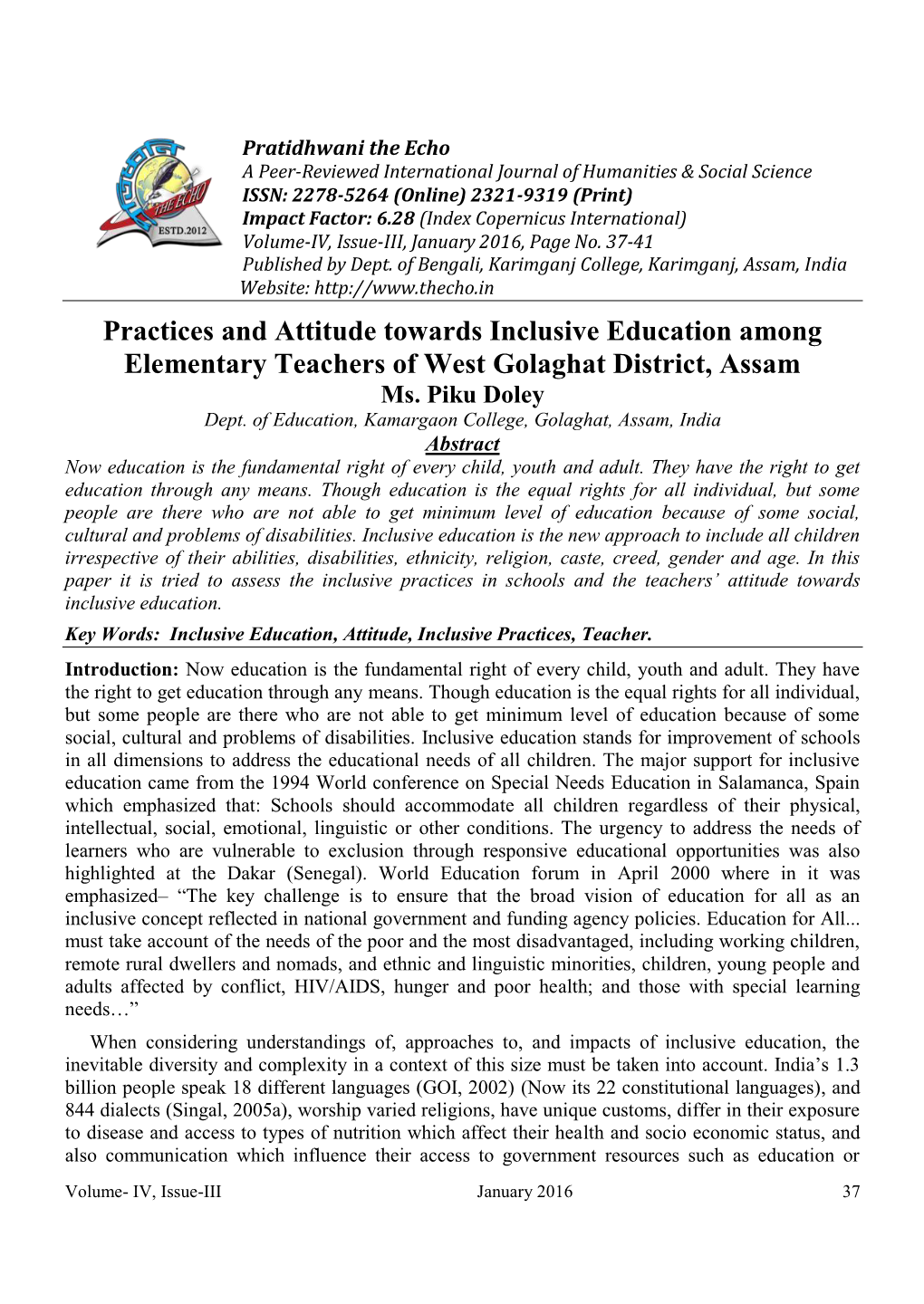 Practices and Attitude Towards Inclusive Education Among Elementary Teachers of West Golaghat District, Assam Ms