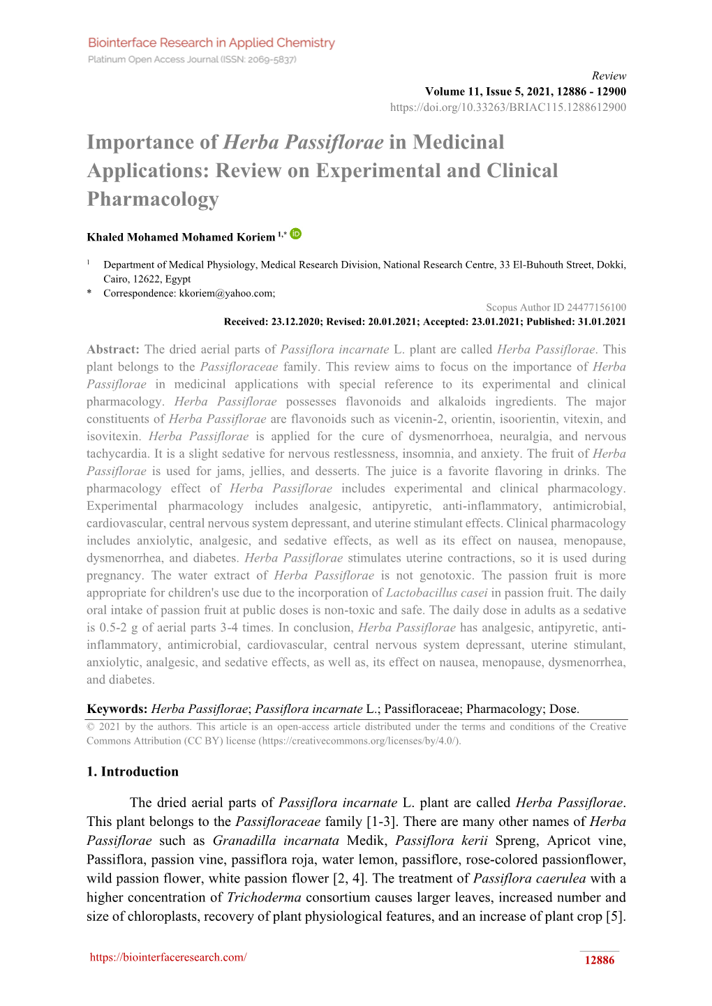 Importance of Herba Passiflorae in Medicinal Applications: Review on Experimental and Clinical Pharmacology